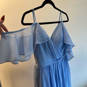 Never worn. JJ House dusty blue high-low dress with off the shoulder ruffle.